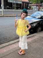 【100-160cm】二点セット トップス パフスリーブ 半袖 無地 通気性良い 女の子 - 画像 (2)