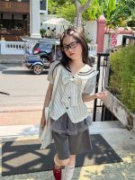 【100-160cm】三点セット学園風半袖ボーダー柄リボンシャツ+裾+ショートパンツ - 画像 (4)