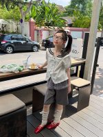 【100-160cm】三点セット学園風半袖ボーダー柄リボンシャツ+裾+ショートパンツ - 画像 (6)