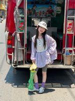 【100-160cm】三点セット UVカット 無地 ボーダー柄 アウター+トップス+レギンス - 画像 (3)