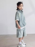 【120-170cm】セットアップ デニム 折り襟 半袖 ゆったり カジュアル - 画像 (3)