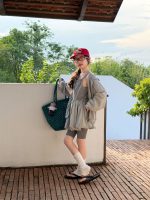 【100-160cm】三点セット UVカット 無地 ボーダー柄 アウター+トップス+レギンス - 画像 (4)