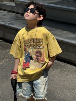 【90-160cm】キッズ半袖Tシャツ イエロー 存在感抜群 アメリカンレトロ カートゥーン柄 おしゃれ