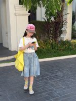 【100-160cm】ショートパンツ デニム ベルト付き 無地 ゆったり 合わせやすい - 画像 (4)