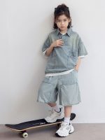 【120-170cm】セットアップ デニム 折り襟 半袖 ゆったり カジュアル - 画像 (2)