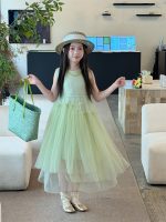 【100-160cm】ワンピース 夏新作 無地 プリンセス風 メッシュ ノースリーブ インナーつき - 画像 (2)