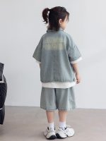 【120-170cm】セットアップ デニム 折り襟 半袖 ゆったり カジュアル - 画像 (4)