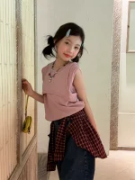 【100-160cm】ベスト 無地 切り替え 合わせやすい ノースリーブ 女の子 トップス - 画像 (4)