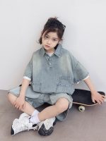 【120-170cm】セットアップ デニム 折り襟 半袖 ゆったり カジュアル - 画像 (6)
