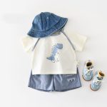 【73-110cm】セットアップ 男の子 ブルー恐竜 シャツ＆パンツ - 画像 (2)