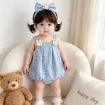 【66-90cm】ロンパース ウサギ チェック ベビー服