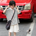 【100-170cm】半袖Ｔシャツ 男の子 ボーダー柄 折り襟 ゆったり