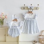 【66-140cm】ロンパースorワンピース ブルー ストライプ 姉妹服