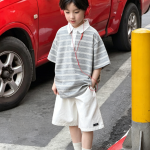【100-170cm】半袖Ｔシャツ 男の子 ボーダー柄 折り襟 ゆったり - 画像 (3)