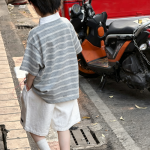 【100-170cm】半袖Ｔシャツ 男の子 ボーダー柄 折り襟 ゆったり - 画像 (4)