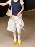 【100-160cm】ショートパンツ 切り替え 無地 ゆったり 七分丈 合わせやすい