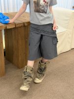 【100-160cm】ショートパンツ 切り替え 無地 ゆったり 七分丈 合わせやすい - 画像 (3)