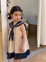【90-140cm】ワンピース 女の子 セーラーカラー ノースリープ ストライプ - 画像 (6)