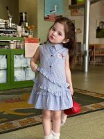 【80-130cm】ワンピース 女の子 折り襟 ノースリープ チェック柄 - 画像 (4)