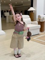 【80-130cm】ワンショルダー キャミソールor七分丈 パンツ 女の子 ボーダー柄