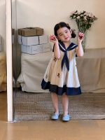【90-140cm】ワンピース 女の子 セーラーカラー ノースリープ ストライプ - 画像 (2)