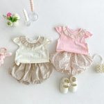 【66-100cm】セットアップ ベビー フリル襟トップス＆フラワーパンツ