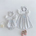【66-130cm】ロンパースorワンピース ベビー 姉妹服 フリル ストライプ - 画像 (2)