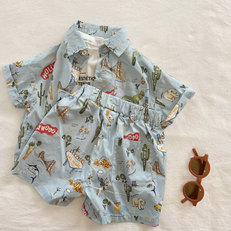625fa9f1df4ae140816449.jpg 【80-120cm】セットアップ ベビー服 男の子 ファッション 恐竜 レトロ プリント シャツ - 画像 (1)