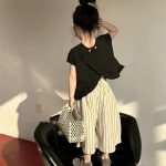 【90-140cm】 セットアップ 女の子 不規則 ストライプ ワイドパンツ - 画像 (3)