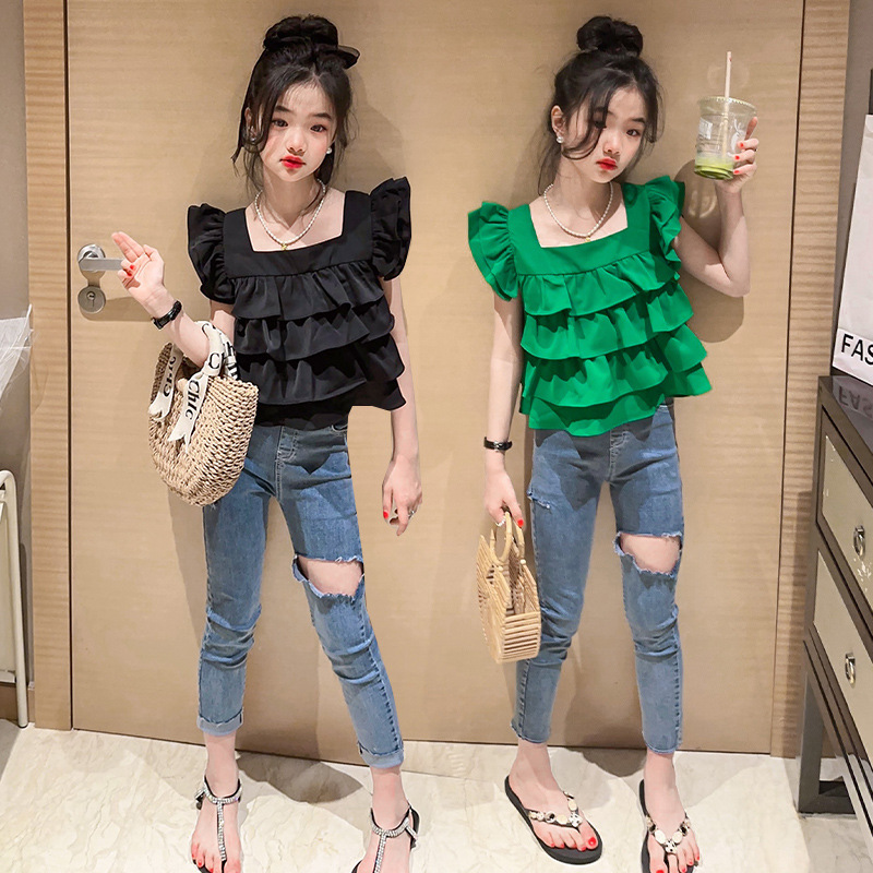 6461aba618411310034923.jpg 【110-170cm】シャツorパンツorセットアップ 女の子 ダメージ加工 オシャレ - 画像 (1)