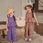 【90-140cm】セットアップ 女の子 配色 チェック柄