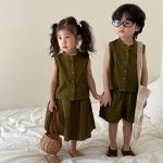 【80-150cm】セットアップ キッズ服 ラウンドネック ノースリーブ