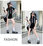 【120-170cm】セットアップ 女の子 スタンドネック 配色 ストライプ柄 半袖 トップス✛ショートパンツ - 画像 (14)