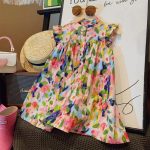 【90-140cm】ワンピース 女の子 配色 プリント Aライン