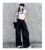 【120-170cm】半袖 サイドライン Tシャツ/カーゴパンツ 女の子 プリント ヒップホップ ダンス - 画像 (12)
