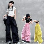 【120-170cm】半袖 サイドライン Tシャツ/カーゴパンツ 女の子 プリント ヒップホップ ダンス