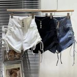 【100-170cm】デニム ショートパンツ  女の子 無地 ハイウエスト 伸縮性 シャーリング - 画像 (4)