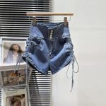 【100-170cm】デニム ショートパンツ  女の子 無地 ハイウエスト 伸縮性 シャーリング - 画像 (7)