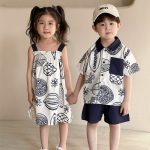 【80-150cm】ワンピースorセットアップ キッズ服 ジュアル 折り襟 プリント