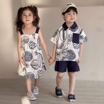 【80-150cm】ワンピースorセットアップ キッズ服 ジュアル 折り襟 プリント - 画像 (3)