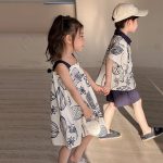 【80-150cm】ワンピースorセットアップ キッズ服 ジュアル 折り襟 プリント - 画像 (4)