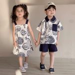 【80-150cm】ワンピースorセットアップ キッズ服 ジュアル 折り襟 プリント - 画像 (5)