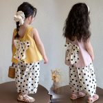 【90-140cm】セットアップ 女の子 リボン キュート ドット柄