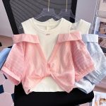 【110-160cm】 半袖Tシャツ 女の子 レイヤード オープンショルダー - 画像 (8)