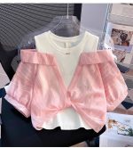 【110-160cm】 半袖Tシャツ 女の子 レイヤード オープンショルダー - 画像 (10)