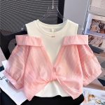 【110-160cm】 半袖Tシャツ 女の子 レイヤード オープンショルダー - 画像 (3)