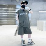 【120-170cm】セットアップ  男の子 韓国風 アルファベット 袖なし Tシャツ＋ショートパンツ - 画像 (7)