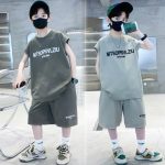 【120-170cm】セットアップ  男の子 韓国風 アルファベット 袖なし Tシャツ＋ショートパンツ