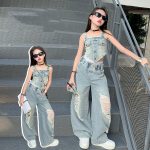 【120-170cm】 セットアップ 女の子 無地 デニム