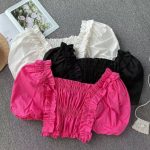 【100-170cm】パフスリーブ ショート丈 トップス 女の子 上品さたっぷり 無地 レトロ